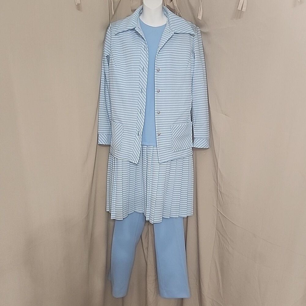 Suit 3 Piece Sears Fashions Womens Wide Leg Pants Jacket Dress 70s VTG Lt Blue